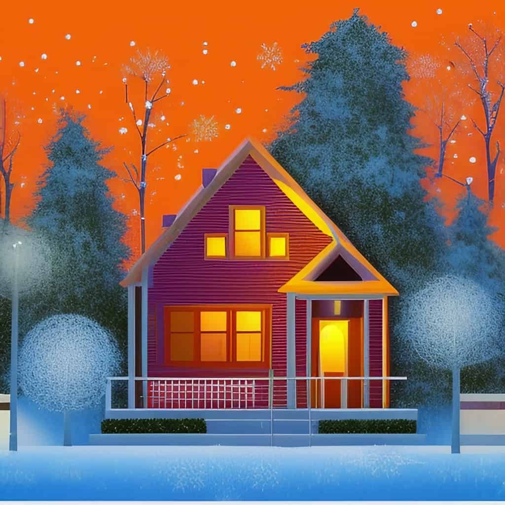 An illustration of a house which is warm inside, but the world outside is very cold