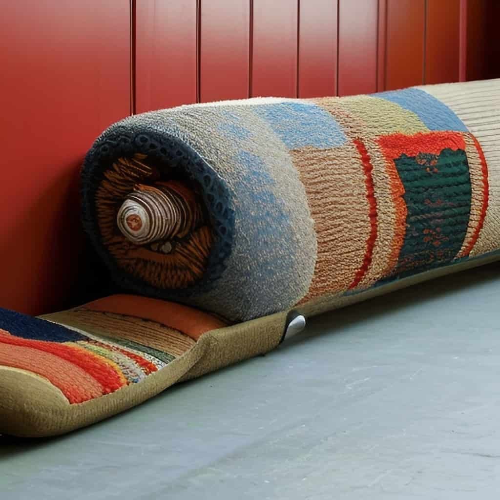 Rolled up colourful material acting as a draught excluder