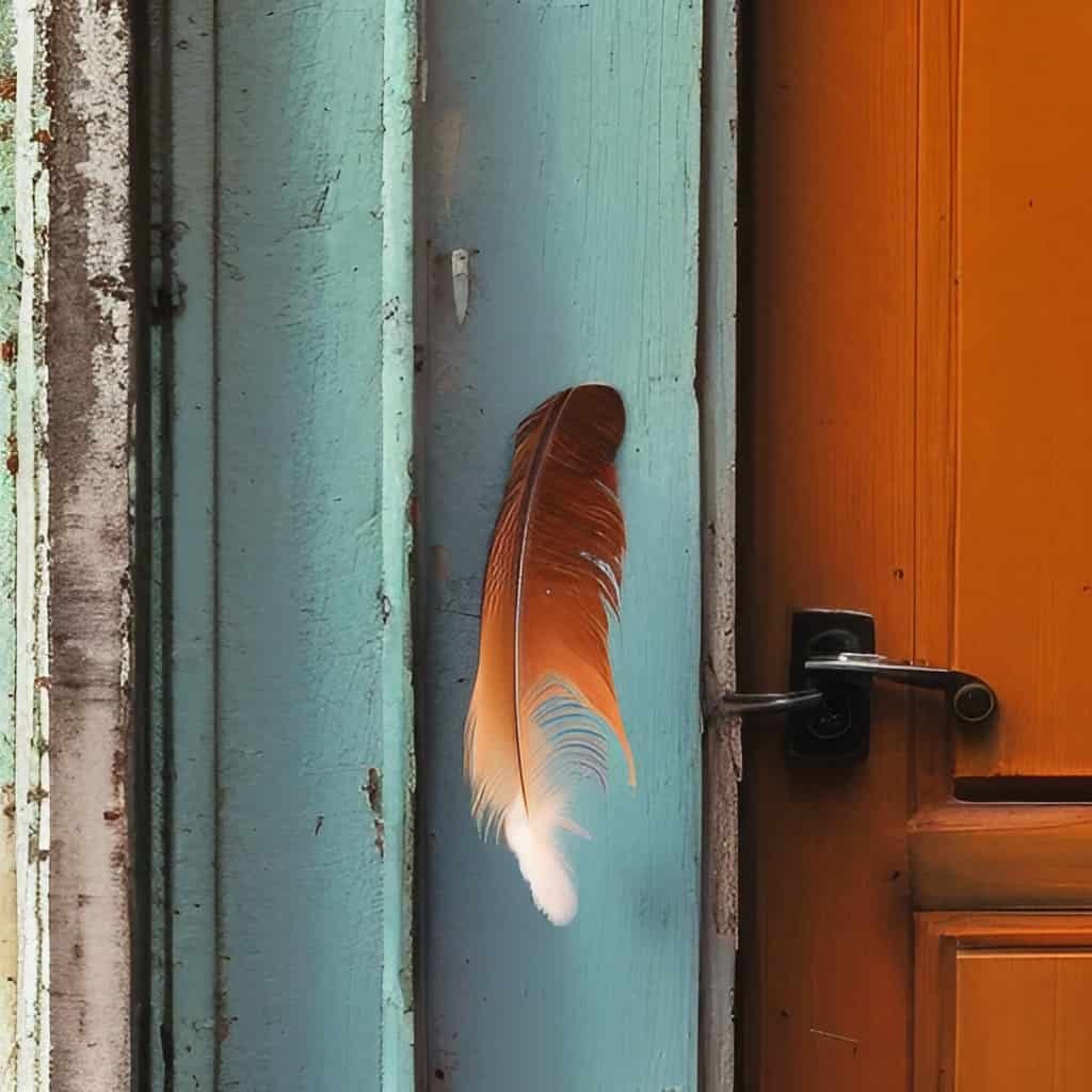 A stylised image of a feather falling down alongside a door frame to indicate that there are no draughts