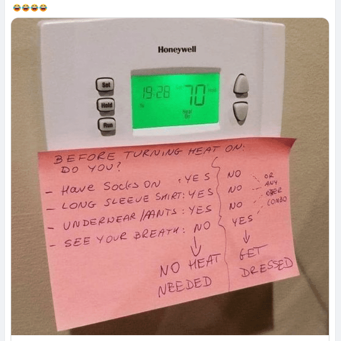 Post it note to guests about heating
