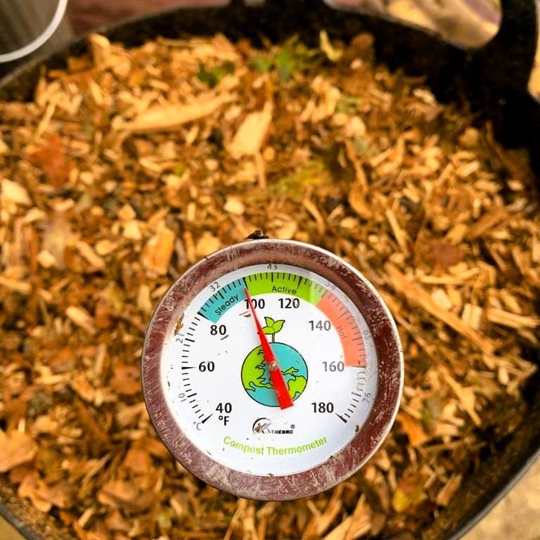 Compost thermometer in a compost pile 742
