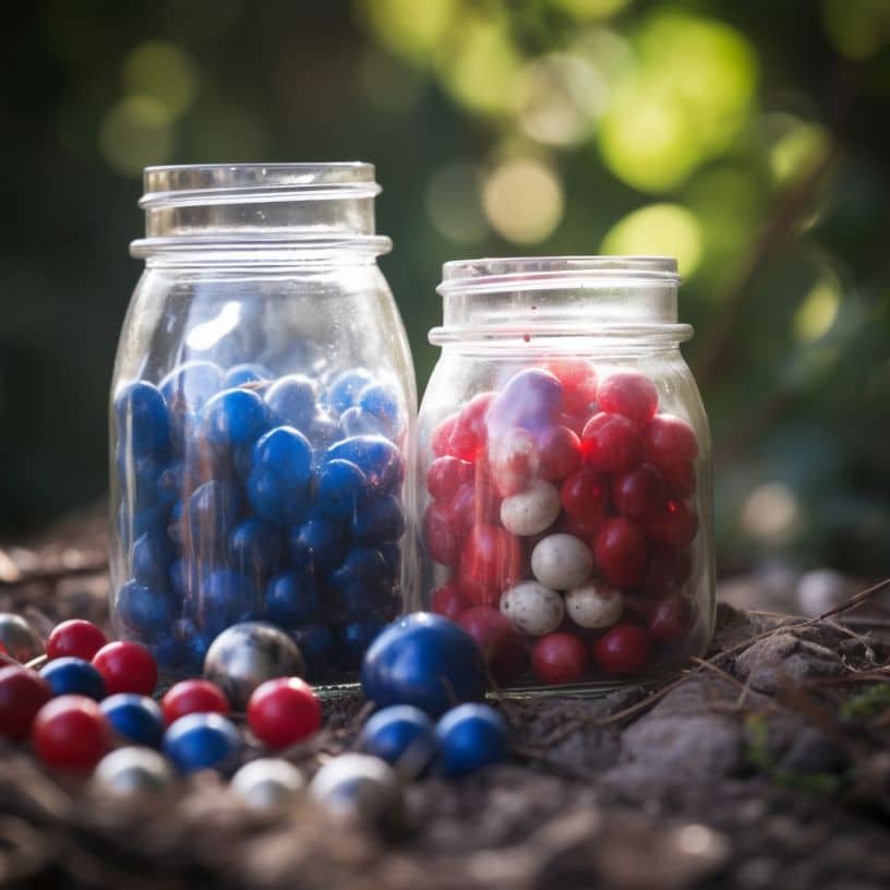 Two marble jars. The left one with blue marbles, the right one with red and white marbles