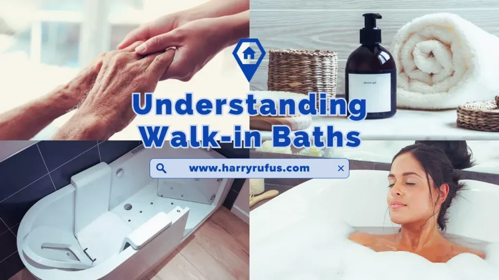 collage of images illustrating Understanding Walk In Bath: aiding the elderly, bath essentials, accessible walk-in bath, and a woman relishing a soothing soak