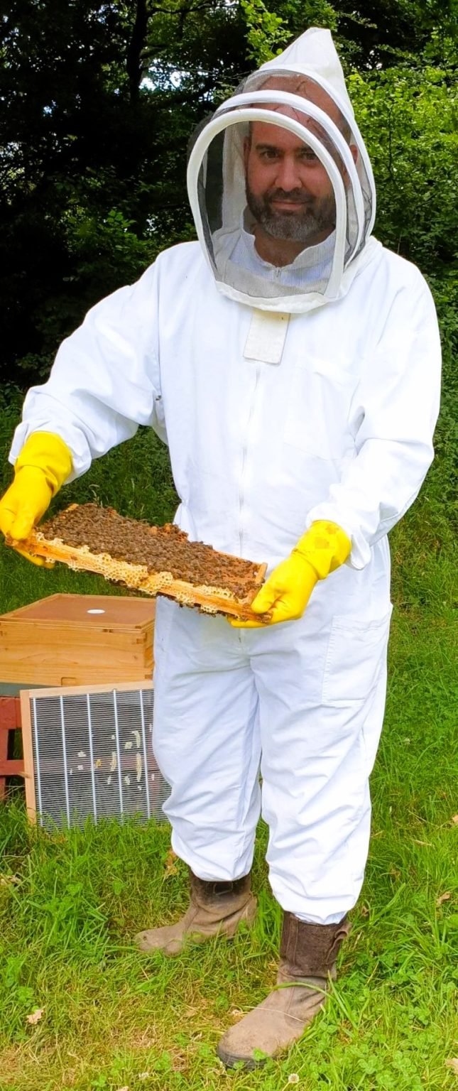 Jon holding a honey frame full of bees